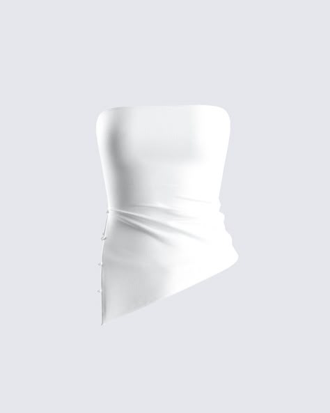 Basic? We could never 💅 Constructed from stretch jersey fabric and boasting an internal bandeau bra, an asymmetrical hem, and self-covered buttons - this ivory asymmetrical top is all you need to effortlessly take your fit to the next level 🤍 Asymmetrical Top Outfit, Black Off Shoulder Top, The Sistine Chapel, White Tube Top, Sistine Chapel, Bandeau Bra, Sequin Mini Skirts, Print Pants, Mini Sweater Dress