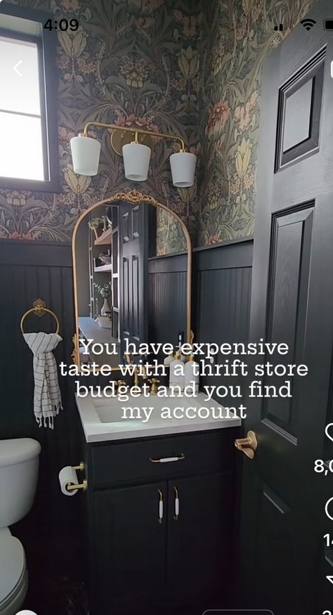 Wallpaper Half Bath Moody, Powder Room Wallpaper Black Vanity, Dark Half Bath, Black And Gold Powder Room, Powder Room Wallpaper Black And Gold, Black Floral Powder Room, 1/2 Bathroom Ideas, Black Half Bathroom, Schumacher Wallpaper Powder Room Moody