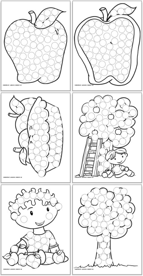 Free Preschool Apple Printables, Apple Tree Fingerprint Craft, Apple Do A Dot Printables, Apple Tree Coloring Page Free Printable, Apple Orchard Coloring Pages, Apple Dot Painting Printable, Apple Dot Marker Printable, Free Apple Coloring Pages, Apple Art Kindergarten