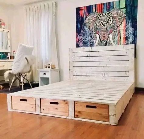 23 DIY Pallet Bed Ideas - Colour Saturated Life Pallet Bed With Storage, Build Beds, Palette Bed, Pallet Bed Frame Diy, Coastal Cabin, Pallet Bed Frame, Bed Drawers, Diy Pallet Bed, Pallet Furniture Designs