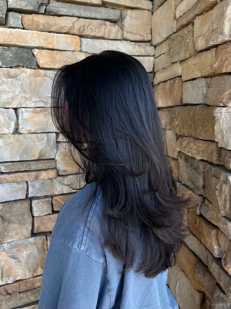 Soft Layers Black Hair, Black Long Layers Hair, Long Straight Black Hair With Layers, Long Dark Brown Hair Straight Haircuts, Layers In Black Hair, Cute Haircuts For Black Hair, Long Layers Haircut Black Hair, Medium Black Layered Hair, Naturally Black Hair