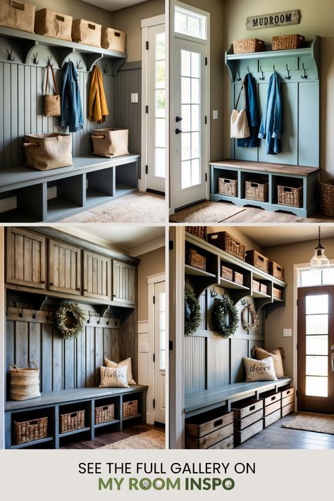 Explore 32 cozy farmhouse mudroom designs using 4 beautiful images, showcasing appealing hooks, rustic benches, and practical storage solutions for a charming entryway. Mud Room Designs Farmhouse, Mudroom Shoe Rack, Mudroom Hooks And Bench, Built In Mudroom Bench With Storage, Mudroom With Window, Closet To Mudroom Convert, Farmhouse Mudroom Ideas, Mudroom Farmhouse, Mudroom Designs