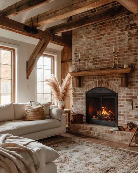 Red Brick Fireplace Living Room Decor, Farm Cabin Interior, Modern Farmhouse Living Room Fireplaces, Brick In Living Room, Farm House Lounge, Cozy Living Rooms With Fireplace, Rustic Farmhouse Living Room Furniture, Living Room Brick Fireplace, Old Farmhouse Living Room