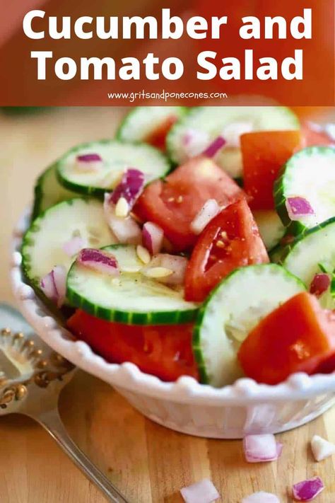 Southern Cucumber and Tomato Salad features a lovely combination of fresh flavors with crisp, cool cucumbers, sweet, ripe tomatoes, and just a touch of zesty red onions. An old-fashioned recipe, this light and refreshing cucumber and tomato salad tastes as good as it looks and is very popular in the South, especially during the summer at backyard barbecues and potlucks. It's also perfect for picnics or a day at the beach because it can be served at room temperature. Southern Salad, Cucumbers And Tomatoes, Cucumber And Tomato Salad, Picnic Salad, Cucumber And Tomato, Tomato Salad Recipe, Southern Side Dishes, Tomato Salad Recipes, Easy Salad Dressing