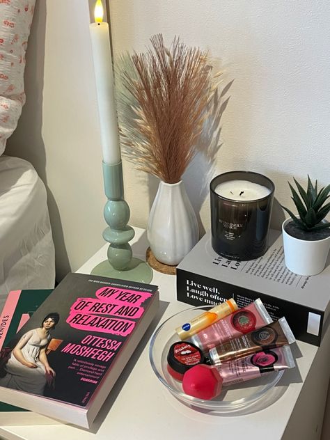 Bedside Table Books Aesthetic, Bedside Table Tour, Bed Table Ideas Night Stands, Book On Table Aesthetic, Bedside Table With Books, Night Table Ideas Aesthetic, Bedroom Mirror Inspiration, Side Tables Bedroom Decor Aesthetic, Cluttered Nightstand Aesthetic