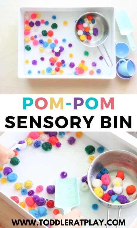 This Pom-pom Sensory Bin is one of the easiest sensory bins you can set up! All you need is just a few of the most simple materials (most of which you probably have at home) and you have a fun, creative play activity that will keep your child occupied, independent and happy.    #pompoms #pompomsensorybin #sensoryplay #sensorybin