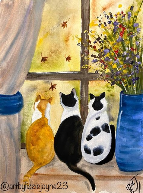 Cat Looking Down Drawing, Art By Lizzie Jayne, C Art, Cats Art Drawing, Storybook Art, Cat Art Illustration, Soyut Sanat Tabloları, Whimsical Cats, Looking Out The Window