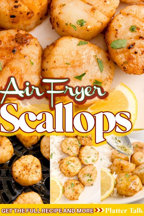 Air Fryer Scallops are made from one of our easy seafood recipes. This quick dinner is bursting with flavor from a lemon garlic butter sauce that the whole family goes crazy over! Fast and easy, this recipe will show you how to make scallops for dinner that are cooked to tender perfection in under 10 minutes! | air fryer scallops recipe | how to make scallops recipes | how to make scallops simple | easy scallop recipes | how to make scallops in the air fryer | best scallop recipe Oven Scallops Recipe, Air Fryer Scallops Recipe, Air Fryer Scallops, Best Scallop Recipe, Bay Scallop Recipes, How To Make Scallops, Scallops Recipes, Shrimp And Scallop Recipes, Easy Scallop Recipes