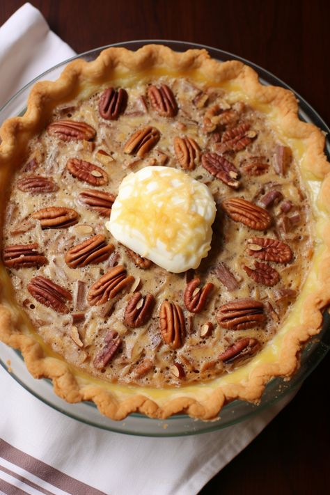 Island Pecan Pie Island Pecan Pie, Tasty Food Recipes, Pecan Pie Crust, Best Pecan Pie, Creative Snacks, Egg Custard, Tropical Twist, Pecan Pie Recipe, Crunchy Pecans