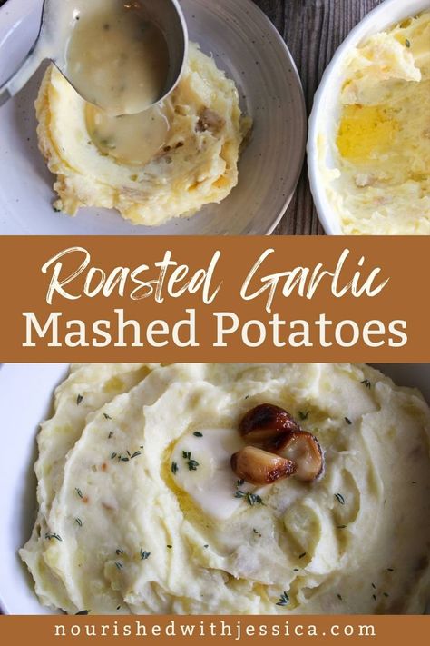 Elevate your Thanksgiving dinner with these creamy, buttery roasted garlic mashed potatoes. Made with Yukon gold potatoes and rich cream, this easy homemade recipe is perfect for garlic lovers. With just 2 lbs of potatoes and a few simple ingredients, these mashed potatoes will be the star of your holiday spread. Serve with gravy for the ultimate comforting side dish at your next fall or holiday gathering! Roast Garlic Mashed Potatoes, Homemade Garlic Mashed Potatoes Easy, The Best Garlic Mashed Potatoes, Garlic Mashed Red Potatoes Recipe, Creamy Mashed Red Potatoes, Garlic Parm Mashed Potatoes, Best Potato For Mashed Potatoes, Herb And Garlic Mashed Potatoes, Homemade Creamy Mashed Potatoes