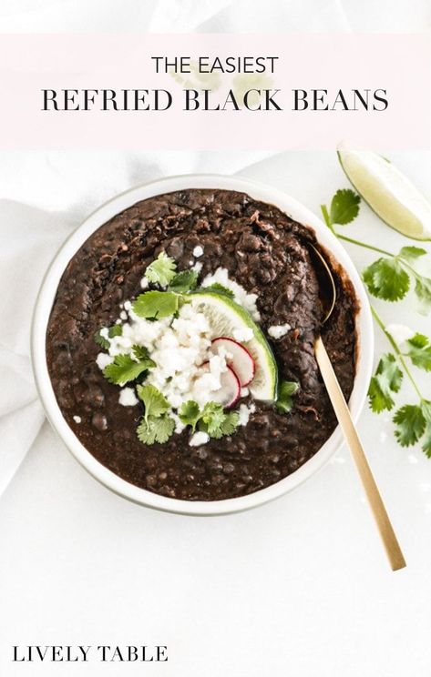 Easy refried black beans made in under 15 minutes with canned beans, are a weeknight staple to go with all of your Mexican food favorites! (#vegan, #glutenfree, #nutfree) #blackbeans #beans #weeknightmeals #sidedish #Mexicanfood #easy #recipes #healthy Refries Black Beans Recipe, Refried Black Beans Recipe, Refried Black Beans, Black Beans Recipe, Refried Beans Recipe, Black Bean Recipes, Gluten Free Sides, Mexican Cooking, Canned Beans