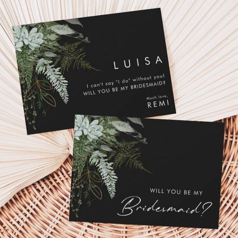 Greenery and Gold Black | Bridesmaid Proposal Card Witchy Bridesmaid Proposal, Black Bridesmaid Proposal, Elegant Boho Wedding, White Eucalyptus, Rustic Bohemian Wedding, Black Bridesmaid, Bridesmaid Proposal Card, Minimal Gold, Eucalyptus Leaf