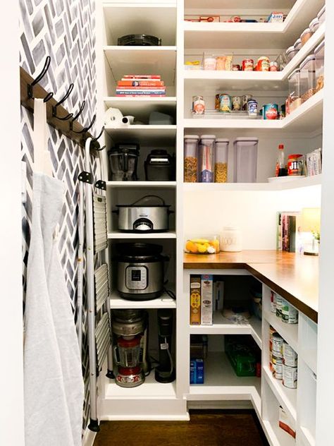 How I Organize My Walk-In Farmhouse Pantry including small appliance storage. #pantry #pantryorganization Pantry Organization | Walk In Pantry | Butler's Pantry | Pantry Plans | Pantry Ideas | Farmhouse | Fixer Upper Style | Pantry Shelves | Pantry Closet | Pantry Design | Pantry Decor | Kitchen Remodel | Pantry Workspace | Pantry Storage | IKEA Hack Farmhouse Pantry Organization, Diy Farmhouse Pantry, Best Pantry Organization, Desain Pantry Dapur, Appliance Storage, Pantry Renovation, Pantry Plans, Pantry Layout, House Pantry