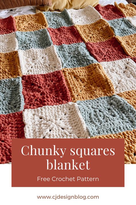 Attention crafters: My FREE crochet chunky blanket pattern is here! 🌟🧶 Snuggle up in style with this modern twist on classic granny squares! #CozyHomeDecor #DIYBlanket #ChunkyCrochet Not Your Grandmas Crochet, Making A Granny Square, C2c Crochet Blanket Chunky Yarn, Crochet Blanket Quilt, Chunky Crochet Squares, Grandma Square Blanket, Granny Square With Chunky Yarn, Farmhouse Granny Square Pattern Free, Granny Square Crochet Pattern Chunky Yarn