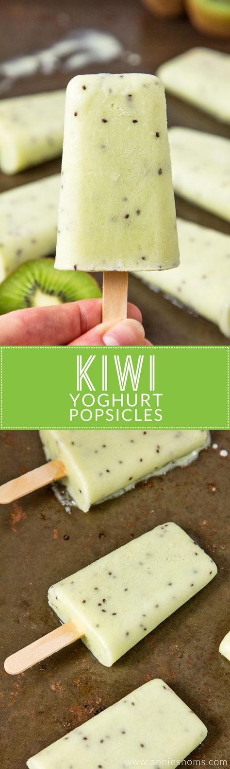 Kiwi fruit, yoghurt and agave nectar are blended together to make these refreshing, sweet, yet tangy Kiwi Yoghurt Popsicles. The perfect cool-me-down on a baking hot afternoon! Yoghurt Popsicles, Fruit Yoghurt, Kiwi Recipes, Yogurt Popsicles, Homemade Popsicles, Frozen Yoghurt, Popsicle Recipes, Kiwi Fruit, Agave Nectar