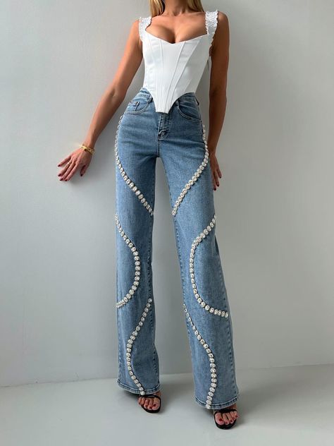 Rhinestone Jeans, Sweater Trends, Grunge Style, Type Of Pants, Designer Jeans, Straight Pants, Premium Denim, Denim Fabric, Straight Leg Pants