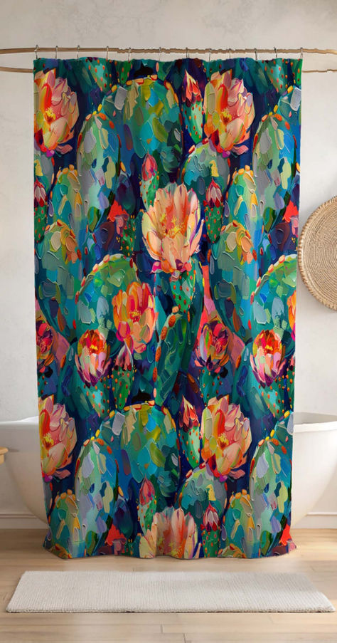 Transform your bathroom with this Cactus Shower Curtain, featuring a vibrant Boho design that brings a touch of the desert into your home decor. This colorful shower curtain makes an ideal housewarming gift and a striking new home decoration. Cactus Shower Curtain, Decoration Details, Plastic Shower, Colorful Shower Curtain, Flower Shower Curtain, Shower Curtain Bathroom, Curtain Bathroom, Button Holes, Boho Design