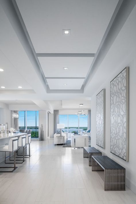 Seaglass Tones Inspire In Bonita Springs Penthouse  @AlmostHomeFL #home #realestate #bonita #swfl Model Interior Design, Space Texture, Interior Design Gallery, Entry Bench, Florida Design, Ceiling Detail, Headboard Wall, Ceiling Treatments, Bonita Springs