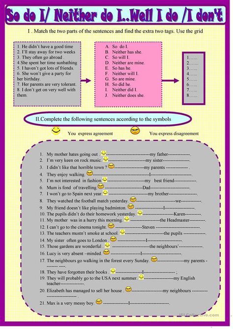 So do I, neither do I - English ESL Worksheets for distance learning and physical classrooms English Language Learning Activities, Spanish Sayings, Listening Activities, Foreign Language Teaching, Word Formation, English Grammar Rules, Esl Teaching Resources, Teaching English Grammar, Grammar Practice