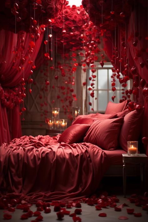 valentine's day ideas Burlesque Aesthetic Room, Red Bedroom Aesthetic, Valentine Bedroom Decor, Romantic Hotel Rooms, Bedroom Flowers, Bedroom Set Designs, Bedroom Inspiration Cozy, Romantic Room Decoration, Fancy Bedroom