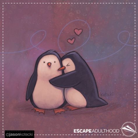 Penguin Hug by Jason Kotecki. 17/100 of #ArtYear2016 #TinkerProject #penguins #art Cute Penguin Cartoon, Penguin Hug, Hugging Drawing, Penguin Wallpaper, Homemade Christmas Crafts, Hug Illustration, Penguin Tattoo, Penguin Cartoon, Animal Hugs