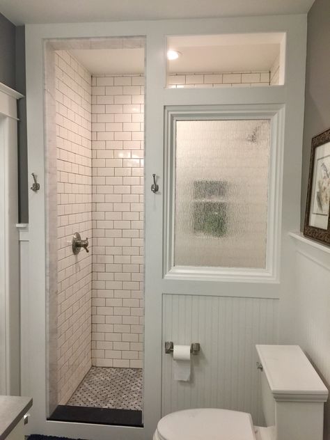 So happy with our craftsman bathroom remodel that includes a walk in shower with classic subway tiles and marble tile floor. Craftsman Bathroom Remodel, Inexpensive Bathroom Remodel, Craftsman Bathroom, Bilik Air, Farmhouse Small, Shower Toilet, Cheap Bathrooms, Bathroom Remodel Designs, Bathroom Remodel Shower