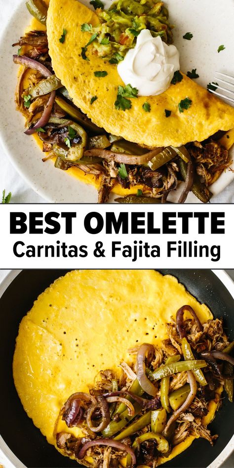 This is the best omelette recipe with a carnitas and fajita veggie filling. It's an easy breakfast recipe that's hearty and perfect to bring Mexican flavors to the table! Meat Omelette Recipe, Mexican Omelette Recipe, Chicken Fajita Omelette, Taco Omelette, Fajita Omelette, Best Omelette Recipe, Breakfast Fajitas, Omelet Recipes, Omelette Recipes