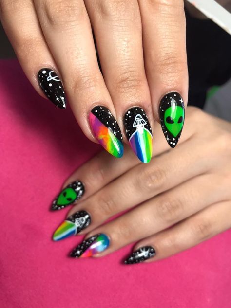 Nails
Alien Alien Halloween Nails, Alien Theme Nails, Alien Acrylic Nails, Spaceship Nails, Lost Lands Nails, Space Themed Nails, Alien Nails Design, Ufo Nails, Trippy Nail Designs