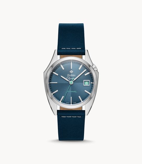 Zodiac Expands Olympos Collection With New Blue Colorway | WatchTime - USA's No.1 Watch Magazine Zodiac Accessories, Zodiac Watches, Purple Watch, Blue Dial Watch, Three Hands, Stainless Steel Watch, Leather Band, Blue Leather, Stainless Steel Case