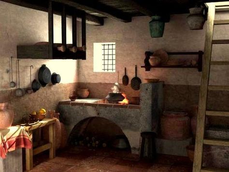 Ancient Roman Food, Fantasy Country, Cooking Hearth, Historical Interior, Ancient Houses, Mud House, Ancient History Facts, Blue Kitchen Cabinets, Fantasy Rooms