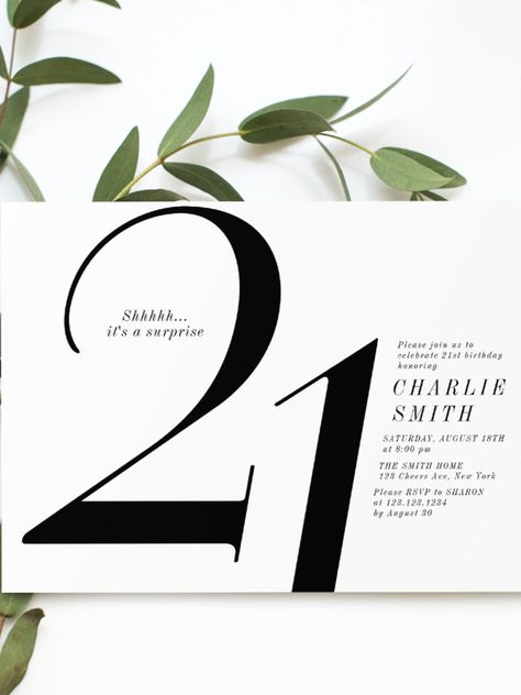 Modern minimalist black and white 21st birthday invitation #twenties #birthday #happybirthday #birthdaycards #birthdayparty #21stbirthday #elegant #minimalist 75th Birthday Invitations Man, 75 Birthday Theme Party Ideas, 75th Birthday Invitations, Milestone Birthday Invitations, 98th Birthday, Font Simple, 40th Birthday Party Invites, Surprise Birthday Invitations, 70th Birthday Invitations