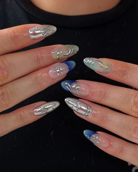 🌙🌃⛓️ inspo: @starlightnail_s @functionofvex aura melt palettes + chrome #nailart #nails #nailsnailsnails #nailsofinstagram #naildesign #almondnails #starnails #moonnails #gelx #gelxnails #gelxinspo #gelxnailtech #cltnails #cltnailtech 3d Gel Chrome Nails, Chrome 3d Nails, Gel Chrome Nails, Aura Nails, Moon Nails, Star Nails, Chrome Nails, 3d Nails, Almond Nails