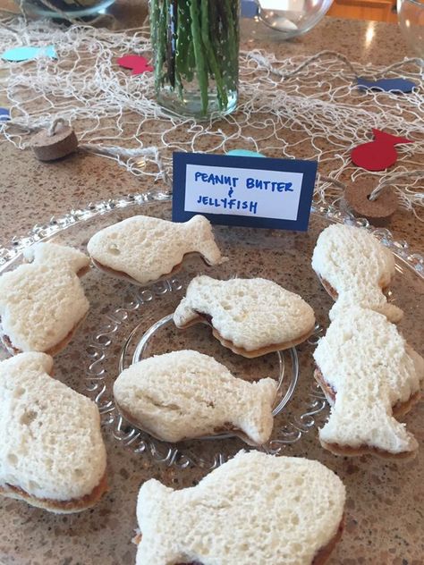 We're Reel Excited Baby Shower or Fishing Party Ideas  Peanut Butter and Jellyfish Party Food Sandwiches, Sea Birthday Party Food, Sea Party Food, Fishing Baby Shower Theme, Fishing Themed Birthday Party, Food Sandwiches, Baby Shower Fishing, Seafood Party, Peter Pan Party