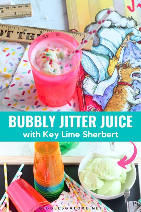 Back-to-School Jitter Juice Drink With Text Reading: Easy Back-to-School Jitter Juice Drink Recipe. Jitter Juice Recipe, 50s Diner Party, Italian Party Theme, Jitter Juice, Lime Sherbert, Party Drink Recipes, Italian Themed Parties, Gift Party Ideas, Italian Party