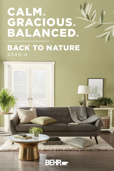 Bring a sense of serenity into the interior design of your home with the BEHR® 2020 Color of the Year: Back to Nature. Calm, gracious, and balanced, this restorative and revitalizing green engages the senses when used as a primary wall color. Click below for full color details to learn more. Behr Back To Nature Paint, Balance Green Behr, Back To Nature Behr Paint, Dark Green Living Room, Green Wall Color, Living Room Paint Color, Interior Wall Colors, Living Room Wall Color, Behr Paint Colors