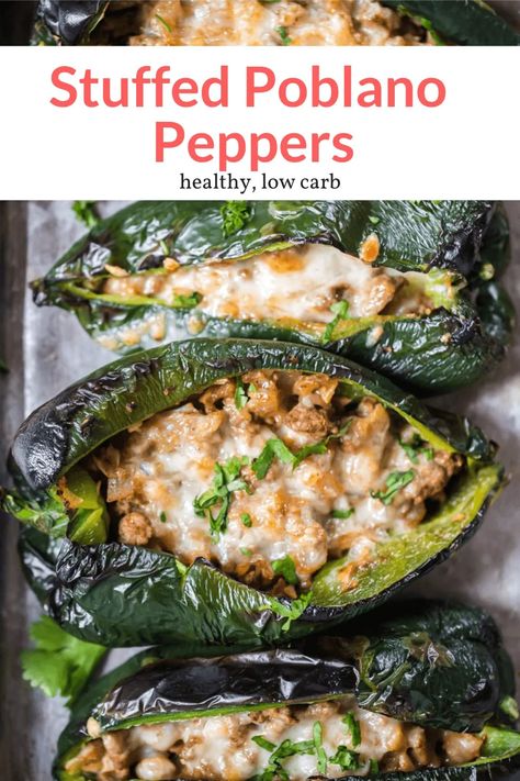 These stuffed poblano peppers are packed full of ground turkey, spices, and filled with cheesy goodness. They are just spicy enough to wake up your tastebuds. All you need are 6 simple ingredients! Turkey Taco Seasoning, Stuffed Peppers Healthy, Turkey Taco, Slender Kitchen, Poblano Peppers, Skinnytaste Recipes, Pot Pies Recipes, Chicken Pot Pie Recipes, Stuffed Poblano Peppers