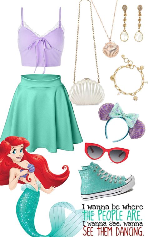 Disney Princess Outfits For Disneyland, Disney Outfits Ariel, Ariel Themed Outfits, Cute Disney Princess Outfits, Ariel Outfit Ideas Disneybound, Bell Inspired Outfit Disney, Disney Princess Themed Outfits, Ariel Aesthetic Outfit, Disneybound Outfits Ariel