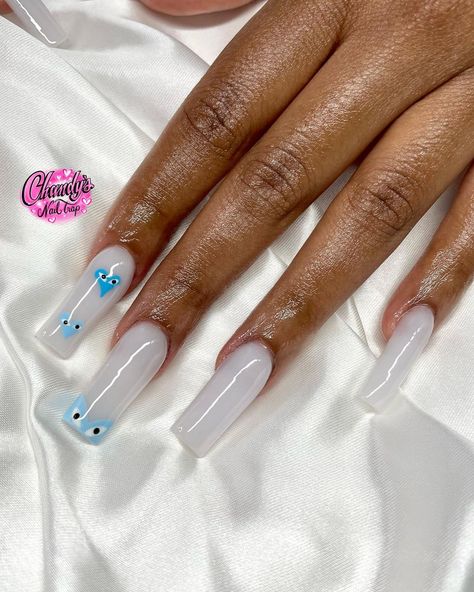 NJ NAIL TECH💗 on Instagram: “Commes Des Garçons inspired set on custom nut white / milky white acrylic 🤍 — 💅🏽 @chandysnailtrap — ♡ ♡ ♡ ♡ ♡ #nailart #baddienails…” Gel Nail Designs Milky White, Mikey White Nails, Nutty White Nails, Cute Nails Blue And White, White Based Nails, Milky White Nails With Heart, Nail Inspo Milky White, Nails With White Base, White Base Nails