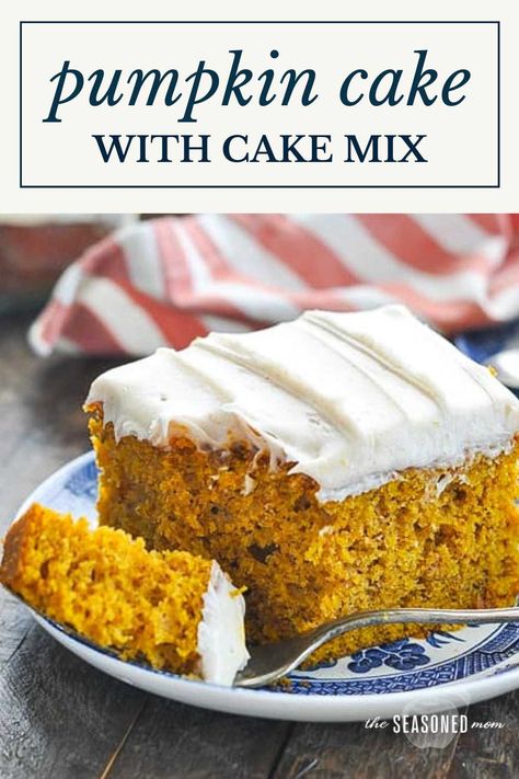 Thanks to help from a box of yellow cake mix and vanilla pudding, this easy pumpkin cake recipe comes together in minutes. Topped with cinnamon cream cheese frosting, the perfect fall dessert tastes like it's made from scratch! Cake Mix And Vanilla Pudding, Cake Mix And Pudding, Easy Pumpkin Cake, Cake Pucks, Pumpkin Cake Easy, Pumpkin Cake Recipe, Yellow Cake Mix Recipes, Cake Mix Muffins, Cake Pumpkin