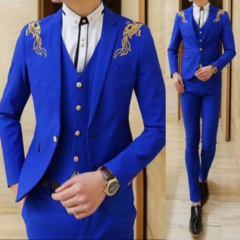 Royal Blue And Gold Tuxedo, Gold Prom Suit, Wedding Suits Men Blue, Men Styling, Blue Gold Wedding, Friends Cartoon, Gold Suit, Pablo Gavi, Embroidered Coat