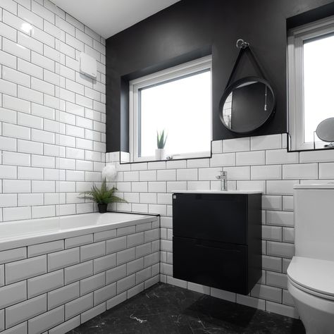 30 Fancy Black And White Tile Bathroom Ideas You Will Love - Drop By My Home White Tiles Black Grout Bathroom, Black And White Small Bathroom Ideas, White Tile Bathroom Ideas, White Tiles Black Grout, Black And White Tile Bathroom, White Tile Bathroom, White Shower Tile, Tile Bathroom Ideas, Attic Bathroom Ideas