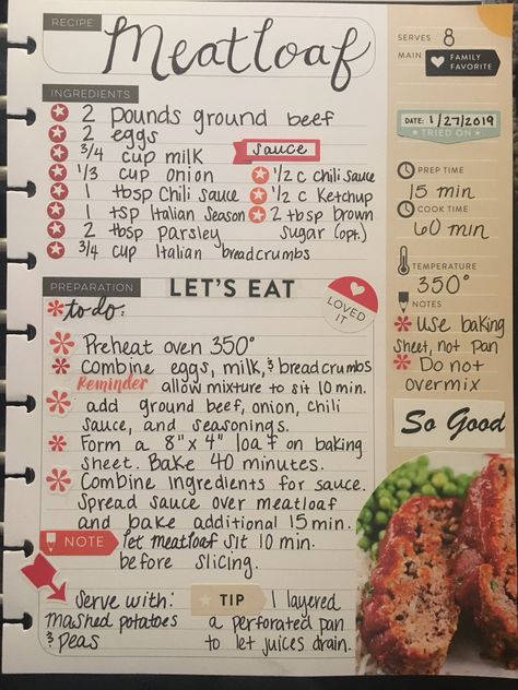 Recipe and photo found on Pinterest- but honestly the best meatloaf I’ve ever made!! (I probably won’t add as much or any brown sugar to the sauce) Happy Planner Recipe Book Ideas, Homemade Recipe Book Diy, Family Recipe Book Ideas, Cookbook Aesthetic Diy, Diy Cookbook Ideas, Cook Book Ideas, Baking Recipes Journal, Aesthetic Recipe Book, Bullet Journal Recipes