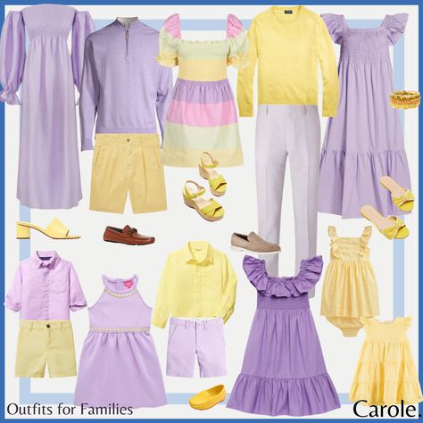 Lavender, lilac, canary, and daffodil - even the color names spell spring! Easter Family Color Combos, Lavender Matching Colors Outfit, Colors That Go With Lavender Outfits, Lavender And Yellow Outfit, Lilac And Yellow Outfit, Lilac Color Combinations Outfit, Purple Yellow Outfit, Throwback Thursday Outfits, Preppy Brunch