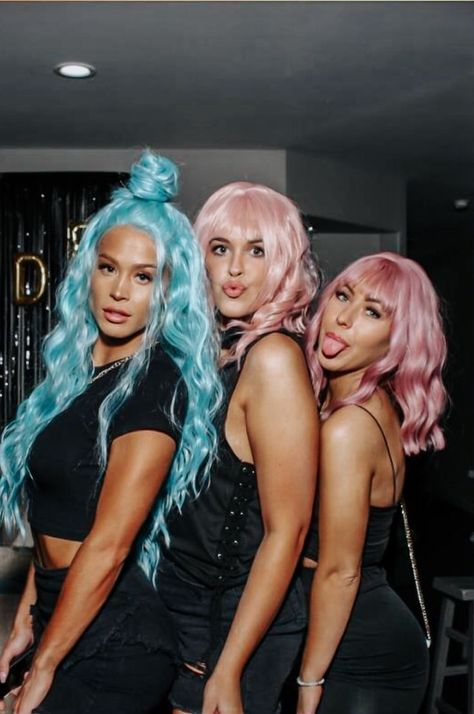 Wig Party Bachelorette, Colored Wigs Bachelorette Party, Neon Wig Bachelorette Party, Bachelorette Party Wig Night, Wig Outfits Party, Wig Night Bachelorette Outfit, Bachelorette Wig Night, Colorful Wigs Bachelorette Party, Wig Theme Party Ideas