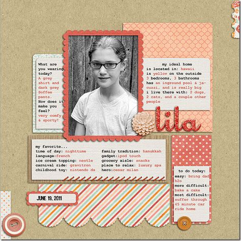 Lila...Childhood Biography Layout...favorite, etc. Scrapbook Title Ideas, Scrap Paper Crafts, Scrapbook Examples, Title Ideas, Baby Scrapbook Pages, Simple Scrapbook, Scrapbook Titles, Wedding Scrapbook, Crafts With Pictures