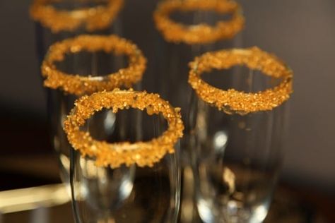 Sugar-Rimmed Champagne Glass DIY | Catch My Party Sugar Glass, Colored Sugar, Champagne Party, Glass Diy, Fruit Decorations, Party Diy, Holiday Drinks, Champagne Glasses, Champagne Flutes