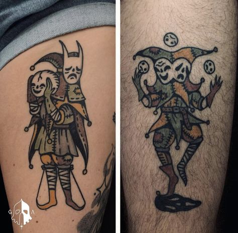 Jester Tattoo Traditional, Grim Antihero, Jester Tattoo, Clown Jester, Best Couple Tattoos, Medieval Tattoo, Couple Tattoo, Traditional Flash, S Tattoo