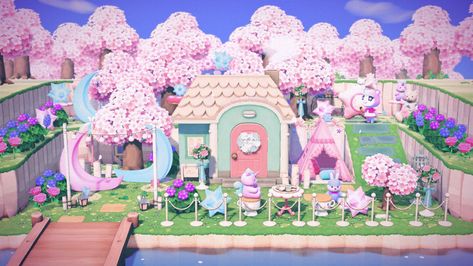 Acnh Kawaii Neighborhood, Animal Crossing Judy House, Acnh Judy House Ideas, Acnh Pastel Island, Kawaii Animal Crossing, Fairycore Acnh, Animal Crossing Town Tune, Fairy Island, Pink Island