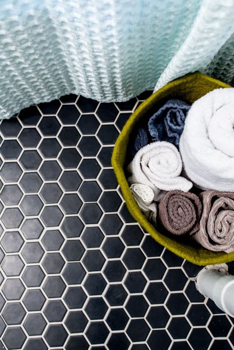 The Source for Cheap Tile Everybody Should Know About Black Hexagon Bathroom Floor, Black Hexagon Bathroom, Hexagon Bathroom Floor, Room Tiles Floor, Black Apartment, Cheap Tiles, One Room Apartment, Grey Floor Tiles, Penny Tile