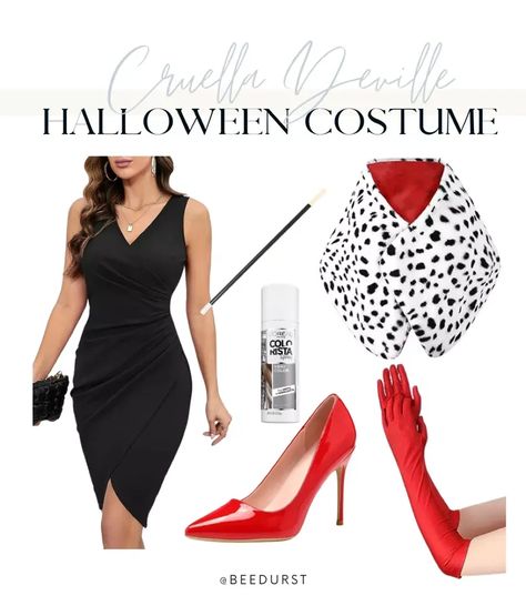 Halloween costume idea- Cruella Deville! This is perfect, especially if you already have a dressy black cocktail dress in your closet. The accessories are easy to add and it’s classy enough to wear to a work Halloween party! Cruella Deville Halloween, Work Halloween Party, Cruella Costume, Cruella Deville, Diy Halloween Projects, Halloween Recipes, Black Cocktail, Halloween Home Decor, Black Cocktail Dress